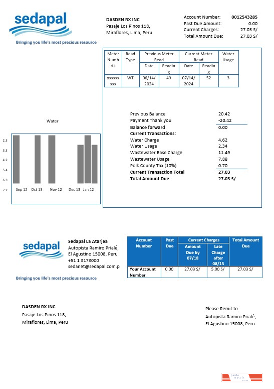 Peru Sedapal La Atarjea water business utility bill template in Word and PDF formats